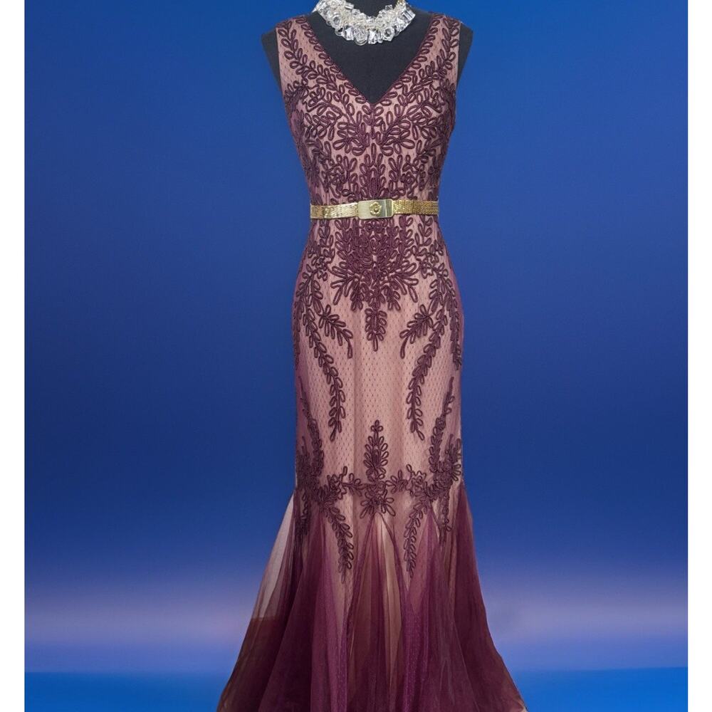 NWT LM Collection Neiman Marcus Mermaid Gown Size 12 Plum Embroidered Illusion